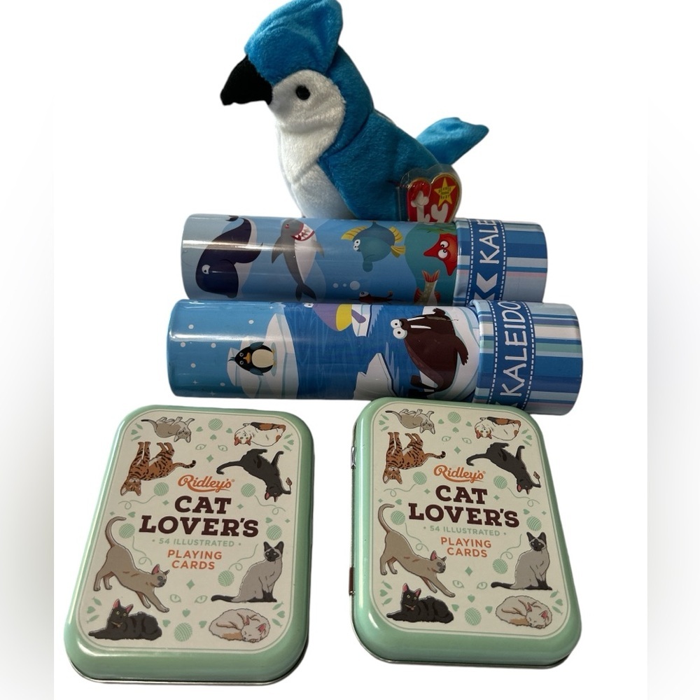 Stocking Stuffer Bundle. 2 Decks Cat Playing Cards 2 Kaleidoscope Blue Jay Ty